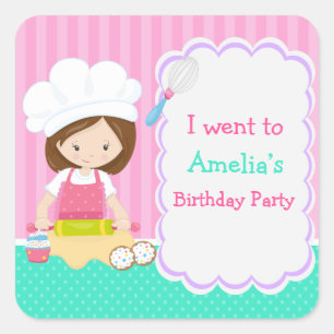 Sticker Carré Cute Brunette Fille Baking Anniversaire