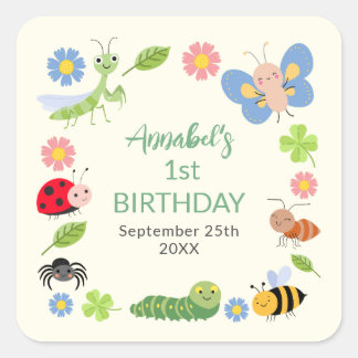 Sticker Carré Cute Bug Ladybug Buttefly Kids 1st Birthday 