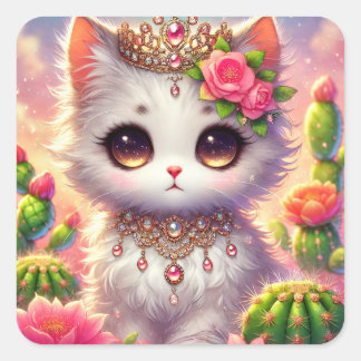 Sticker Carré Cute Cactus Princess Cat