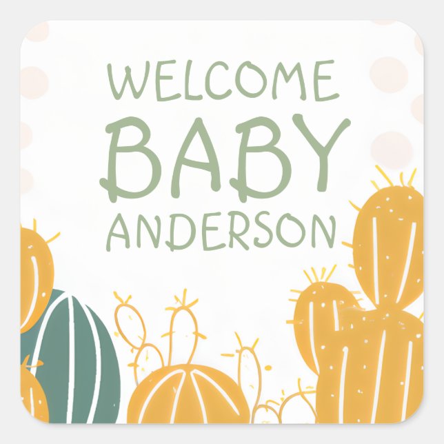 Sticker Carré Cute Cactus Welcome Baby Name Baby shower (Devant)