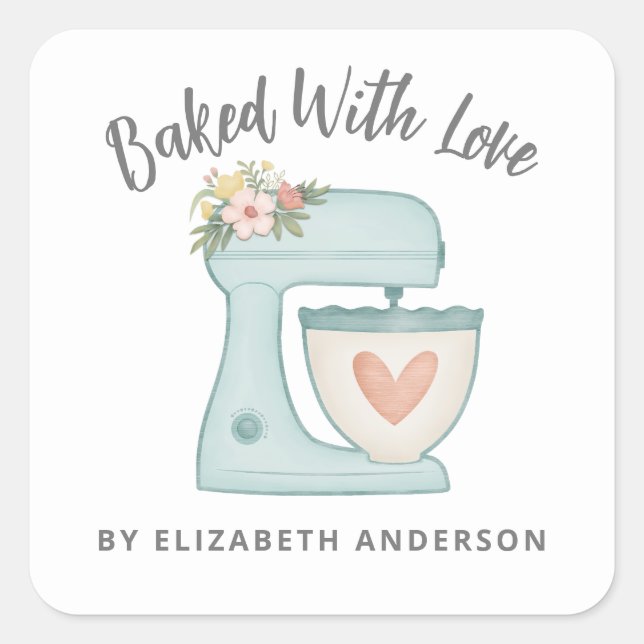 Sticker Carré Cute Cake Mixer Baked With Love Bakery (Devant)