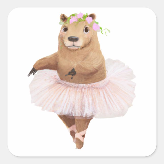 Sticker Carré Cute Capybara en jupe Tutu rose (Devant)