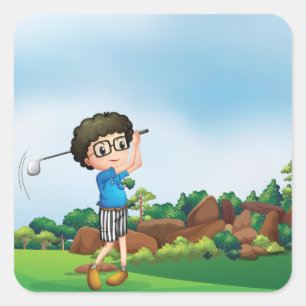 Sticker Carré Cute Cartoon Boy Golf Fun Golf Amusant Golf Lover 