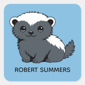 Sticker Carré Cute Cartoon Honey Badger Custom Name Blue