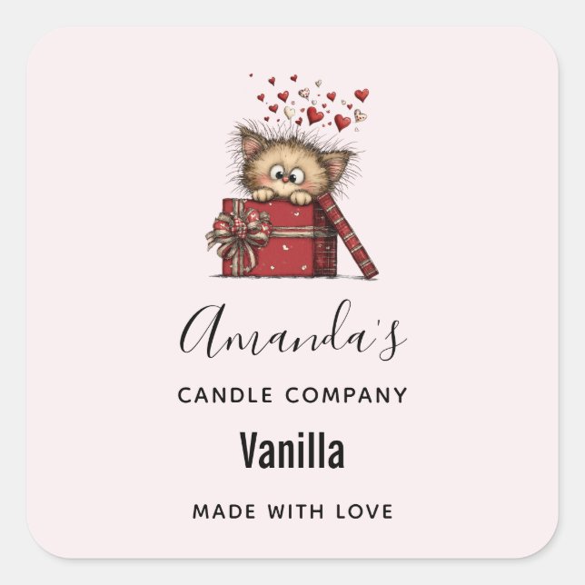 Sticker Carré Cute Cartoon Kitten with Hearts Candle Business (Devant)