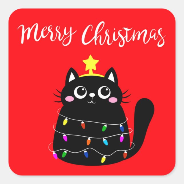 Sticker Carré Cute cartoon noir Cat Christmas tree (Devant)