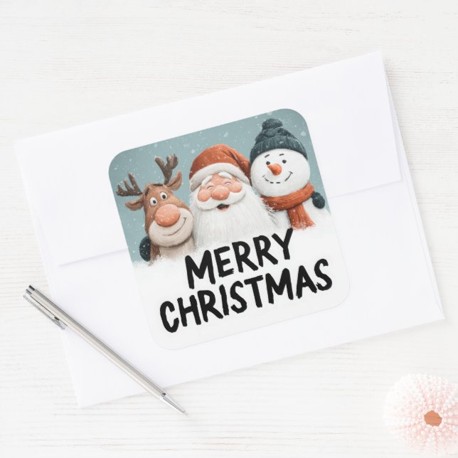 Sticker Carré Cute Cartoon Santa Reindeer Snowman Merry Xmas (Enveloppe)
