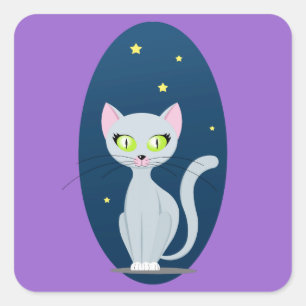 Sticker Carré Cute Cat Starry nuit ciel Dessin sur Couleur perso