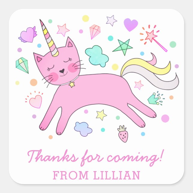 Sticker Carré Cute Caticorn | Merci d'anniversaire magique (Devant)