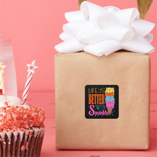 Sticker Carré Cute Cats Life is Better With Sprinkles Amoureux d (Fête)
