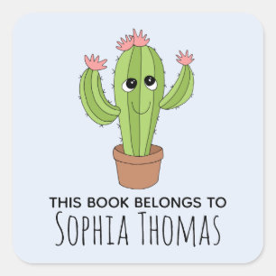Sticker Carré Cute 'Ce Livre Appartient' Cactus Bookplate pour e