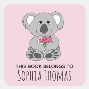 Sticker Carré Cute 'Ce Livre Appartient' Koala Nom Kids Bookplat