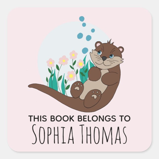 Sticker Carré Cute 'Ce Livre Appartient' Otter Name Kids Bookpla (Devant)