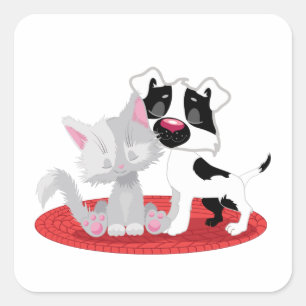 Sticker Carré Cute chat et chien