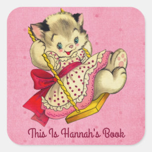 Sticker Carré Cute Chat Et Swing Vintage Style Plaque