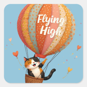 Sticker Carré Cute Chat Hot Air Balloon Whimsical Art