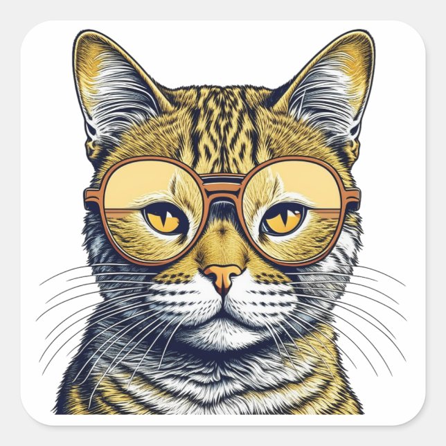 Sticker Carré Cute chat Kitty avec lunettes (Devant)