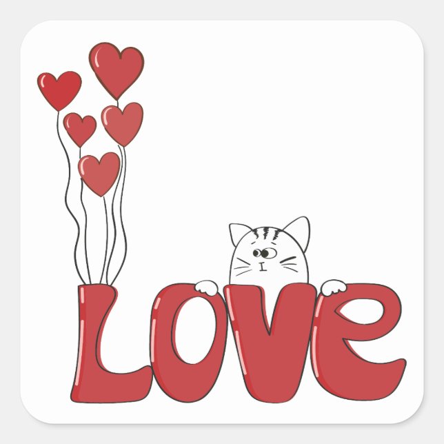 Sticker Carré Cute Chat Love Typographie Coeurs rouges | Valenti (Devant)