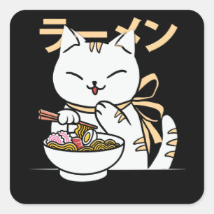 Sticker Carré Cute chat manger Ramen Cadeau pour Chat & Ramen
