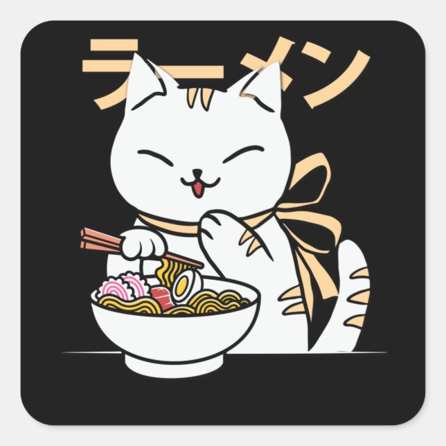 Sticker Carré Cute chat manger Ramen | Cadeau pour Chat & Ramen  (Devant)