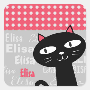 Sticker Carré Cute Chat Noir Pois Rose Ajouter Votre Nom