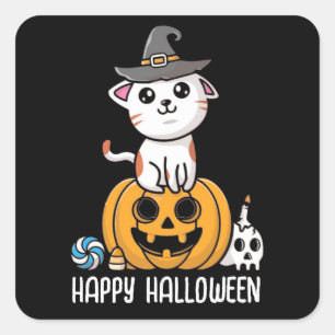 Sticker Carré Cute chat Sat sur Halloween Citrouille