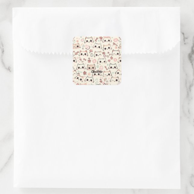 Sticker Carré Cute Chat simple chaton Motif (Sac)