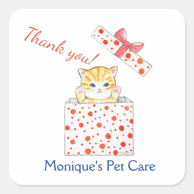 Sticker Carré Cute chaton à table orange dans une boîte personna (Devant)