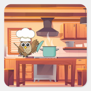 Sticker Carré Cute Chef Owl Cuisine en cuisine