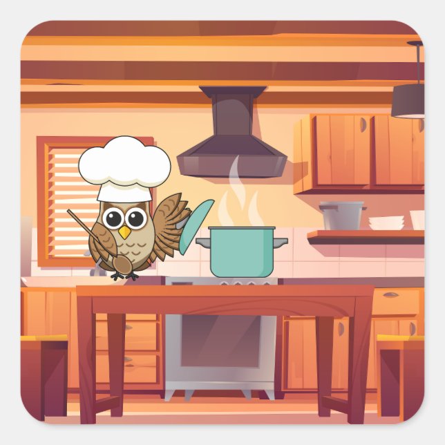 Sticker Carré Cute Chef Owl Cuisine en cuisine (Devant)