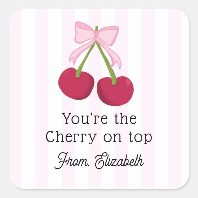 Sticker Carré Cute Cherry Bow Pink Stripes Coquette Aesthetic (Devant)