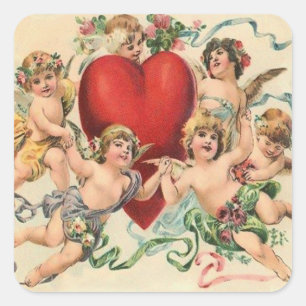 Sticker Carré Cute Cherubs à la Saint Valentin du Coeur Rouge