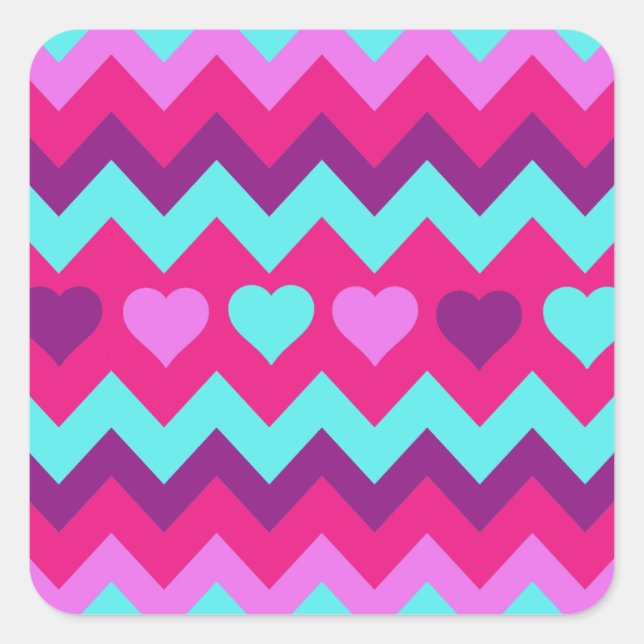 Sticker Carré Cute Chevron Coeurs rose Turquoise Ado Cadeaux (Devant)