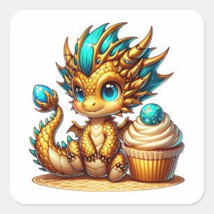 Sticker Carré Cute Chibi Gold et Blue Dragon avec Cupcake