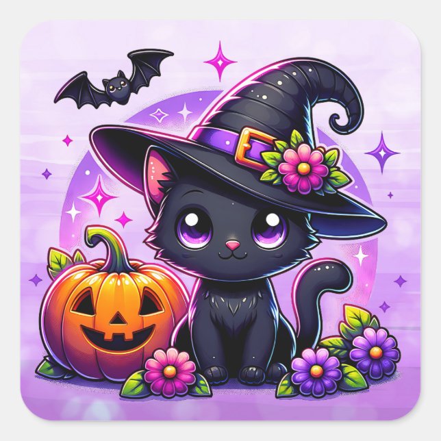 Sticker Carré Cute Chibi Halloween Chat noir et Citrouille (Devant)