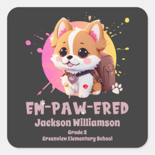Sticker Carré Cute Chibi Kawaii Corgi Nom de l'école Année de re