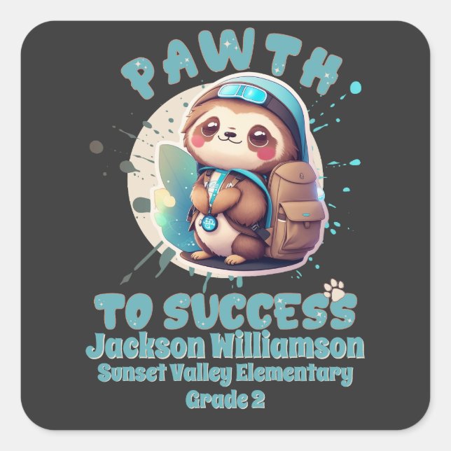 Sticker Carré Cute Chibi Kawaii Sloth Name School Grade (Devant)