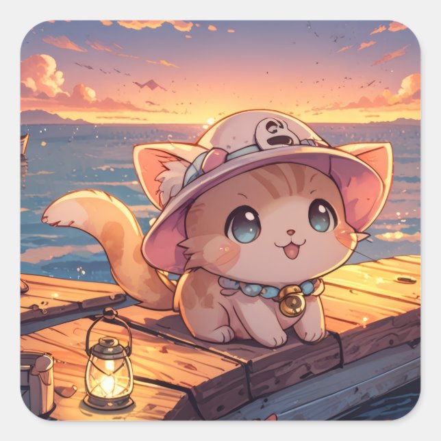 Sticker Carré Cute Chibi Kitten at the Harbor Sunset – Whimsical (Devant)