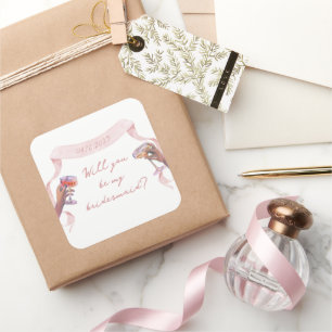 Sticker Carré Cute Chic Custom Bridesmaid Proposition Pink Ribbo