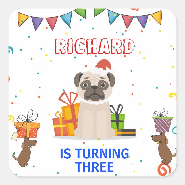 Sticker Carré Cute Chien Chiot Puppy Theme Fête d'Anniversaire d (Devant)