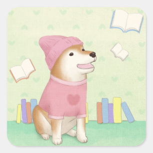 Sticker Carré Cute Chien et Livres Illustration Art