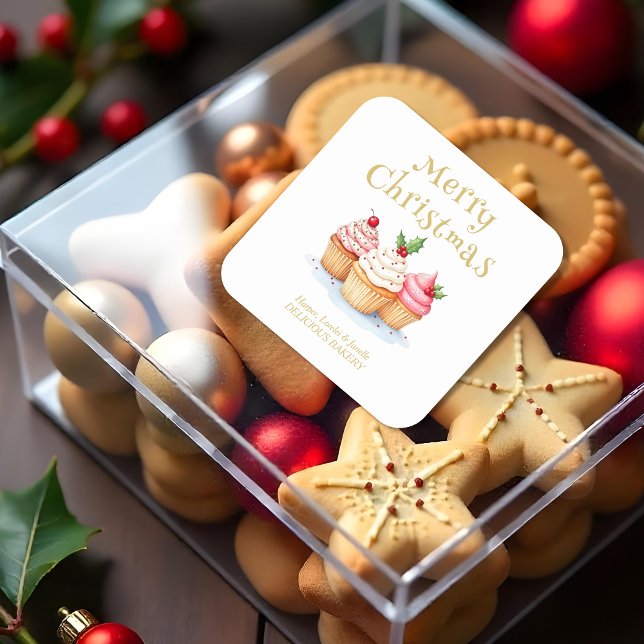 Sticker Carré Cute Christmas Cupcakes Business Support (Cute Christmas Cupcakes Business Support Square Stickers.)