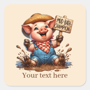 Sticker Carré Cute Country boue bain porc ajouter du texte