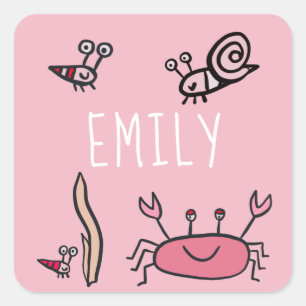 Sticker Carré Cute Crabe Rose Animaux de mer Fille Joyeux Annive