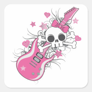 Sticker Carré Cute crâne avec guitare rose