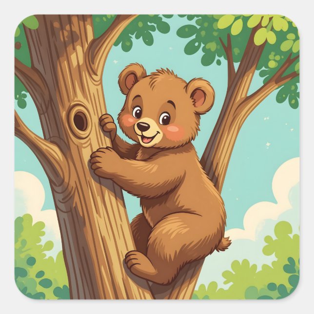 Sticker Carré Cute cub bear climbing a tree (Devant)