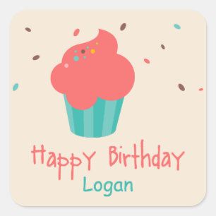 Sticker Carré Cute Cupcake Anniversaire Voeux