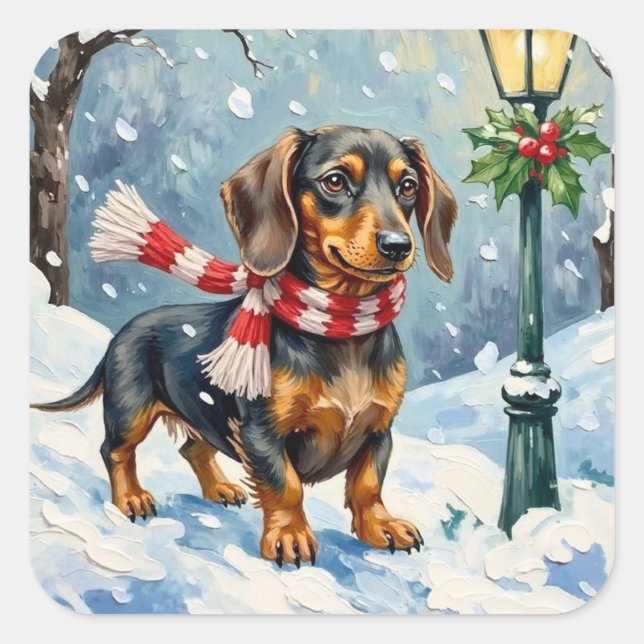 Sticker Carré Cute Dachshund Puppy Cozy Winter Scarf Art (Devant)