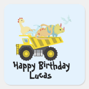 Sticker Carré Cute Dinosaur Tracteur camion garçons fête anniver