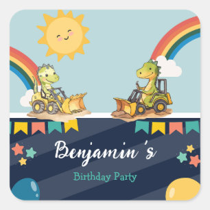 Sticker Carré Cute dinosaure Excavateur tracteur arc-en-ciel Ann